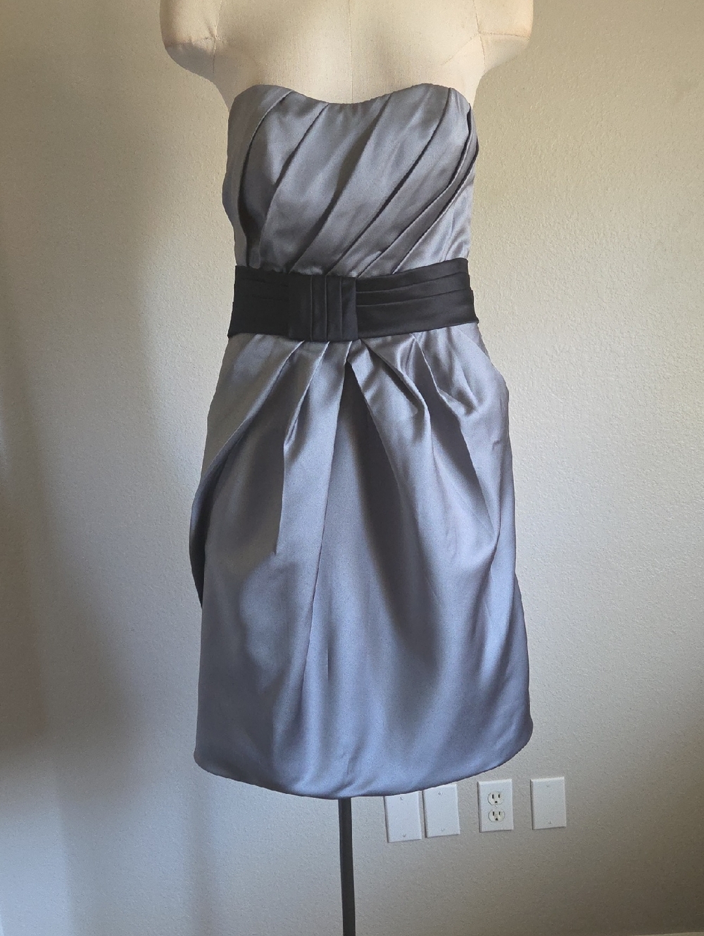 Allure Bridals Strapless Gray Satin Cocktail Dress with Black Waistband